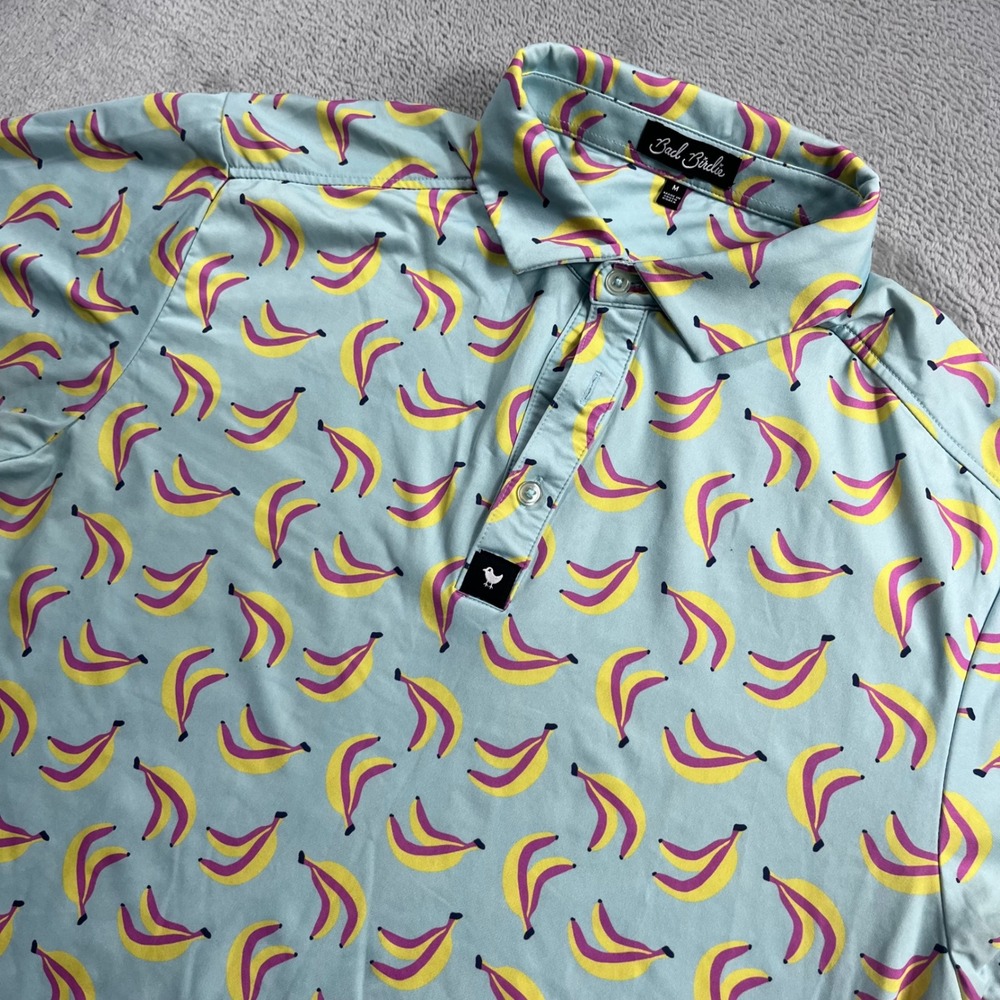 Bad Birdie Mens Banana Print Golf Polo Shirt Blue Pink Yellow Size M